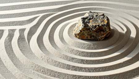 A single, solid rock rests at the center of a meticulously raked zen garden.の素材