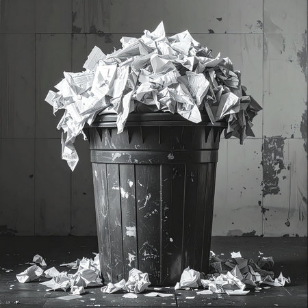 In a stark black and white scene, a wastebasket overflows with discarded drafts.の素材