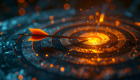 An arrow strikes the glowing center of a futuristic bullseye, symbolizing the successful achievement of a business objective.の素材