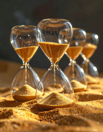In a warm, golden light, a row of glass hourglasses stands on a bed of sand, each one meticulously measuring the relentless passage of time.の素材