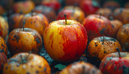 In a sea of decay and forgotten fruit, one vibrant apple remains pristine and fresh.の素材