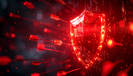In a relentless digital onslaught, a glowing red shield of cybersecurity stands firm, repelling a barrage of incoming threats.の素材