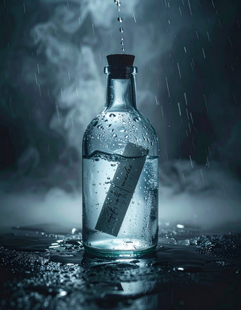 In the midst of a mysterious, foggy night, a single bottle holds a secret message, a silent plea or a long-lost story waiting to be discovered.の素材