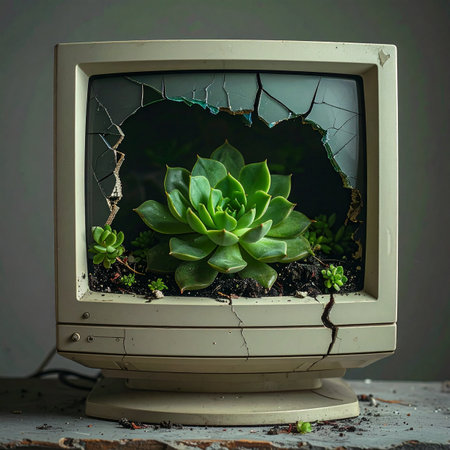 From the shattered screen of a forgotten, obsolete computer monitor, a vibrant succulent emerges.の素材