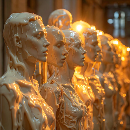 In a dimly lit workshop, a row of identical figures stands coated in a thick, golden liquid, caught in a moment of surreal creation.の素材