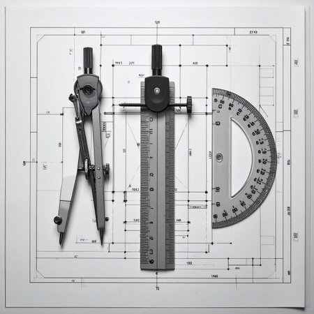 A classic set of drafting tools, including a compass and protractor, are precisely arranged over a detailed architectural blueprint.の素材