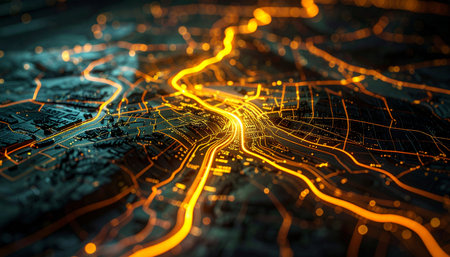 A luminous visualization of a smart city's neural network, where glowing arteries of data flow through the urban grid.の素材