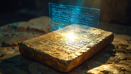 In a dimly lit cavern, a priceless ancient tablet glows with unearthed power.の素材