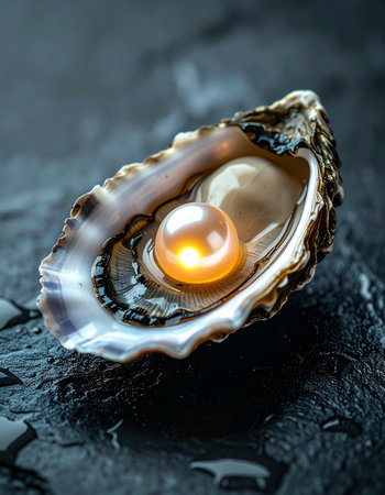 An open oyster shell reveals its hidden treasure: a single, perfectly formed golden pearl that glows with an inner light.の素材
