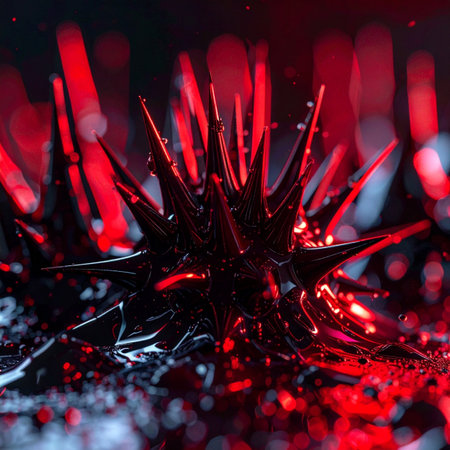 A mesmerizing macro view of a black magnetic liquid responding to an unseen force, forming sharp, crystalline spikes under intense red light.の素材