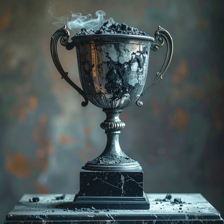 A once-gleaming silver trophy, now tarnished and filled with the ashes of a hard-won battle.の素材