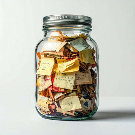 A clear glass jar filled with handwritten notes, each one a captured memory, a secret wish, or a moment of gratitude.の素材