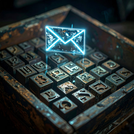 A glowing blue neon email icon hovers holographically above a rustic, antique letterpress tray, symbolizing the evolution of communication.の素材