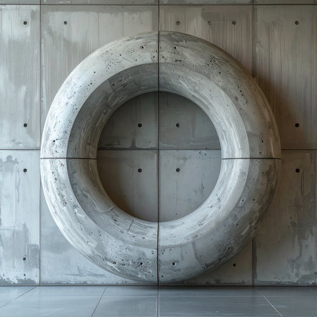 A monumental circular sculpture, crafted from weathered concrete, stands as a powerful centerpiece against a stark, paneled wall.の素材