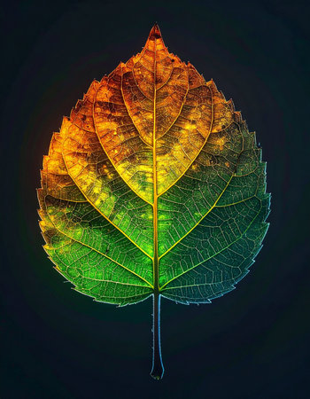 A single, vibrant leaf captured in a moment of transformation.の素材