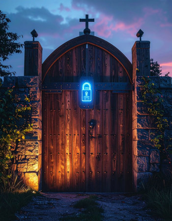 At twilight, an ancient wooden gate topped with a cross is illuminated by warm light, creating a stark contrast with a modern, glowing blue neon icon of a digital lock.の素材