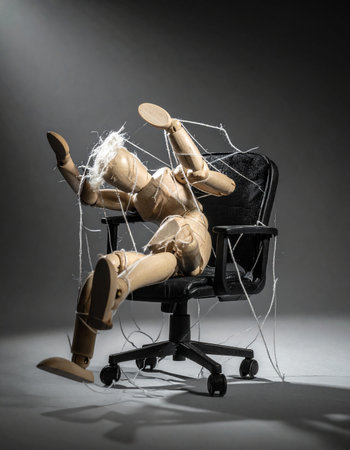 A wooden figure, entangled in a web of strings, writhes in an office chair.の素材