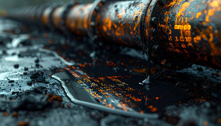 In the dim light of an industrial setting, a corroded pipe slowly bleeds a dark, viscous substance onto the cracked ground.の素材