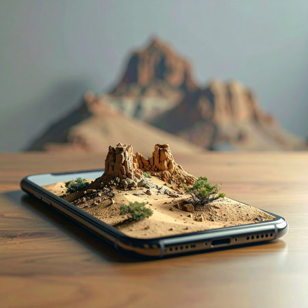 A miniature desert landscape emerges from a smartphone screen in stunning 3D.の素材