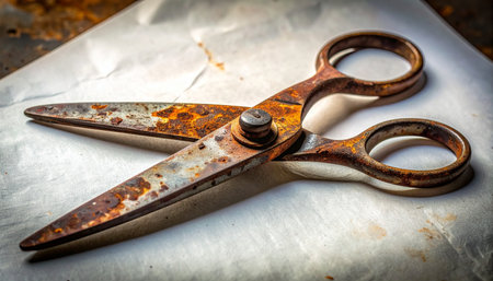 A close-up view captures the intricate texture of heavy rust on a pair of antique scissors.の素材