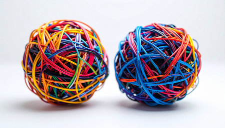 Two intricate spheres formed from a chaotic yet interconnected web of colorful wires.の素材