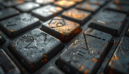 In the dim light of a forgotten chamber, an ancient keyboard reveals its secrets. Each key, a block of cracked and weathered stone, is etched with a cryptic rune.の素材