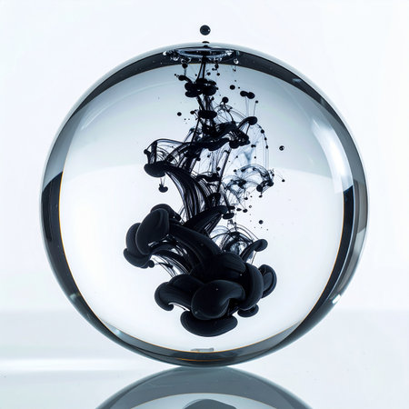 A single drop of black ink blossoms into a complex, chaotic cloud within the pristine confines of a glass sphere.の素材