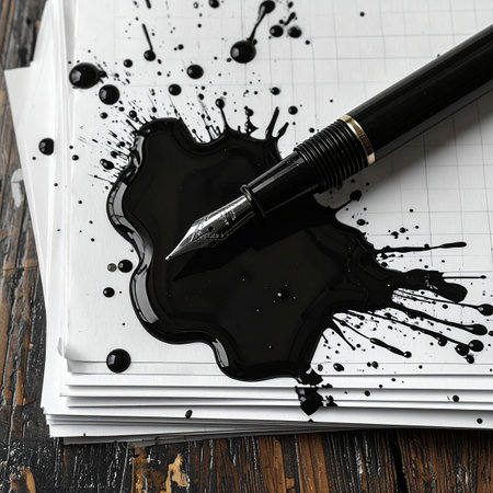 A classic fountain pen rests in a dramatic pool of spilled black ink on a stack of notebook paper, symbolizing a writer's mistake, a frustrating block, or the beautifully messy process of artistic ex.の素材