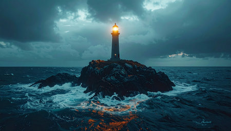 In the heart of a raging tempest, a solitary lighthouse stands firm on its rocky outcrop.の素材