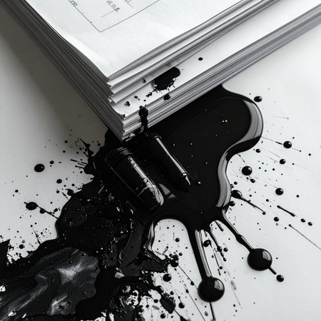 In a moment of creative chaos or a frustrating accident, black ink floods across a pristine stack of documents.の素材