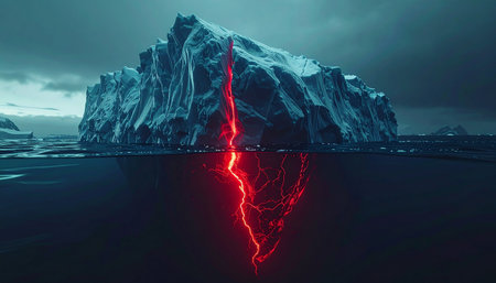 A colossal iceberg drifts in dark, stormy waters, split by a brilliant red fissure.の素材