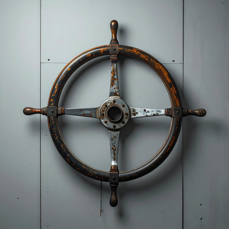 A relic from countless voyages, this weathered ship's wheel hangs as a testament to past adventures and the steady hand that guided it through storms.の素材