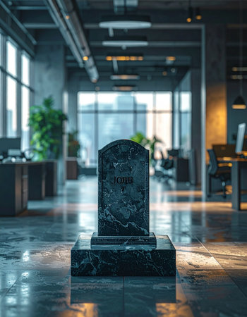 In the silent hall of a modern office, a solitary tombstone stands as a stark monument.の素材