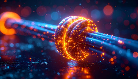 A vibrant pulse of orange energy surges through a bundle of high-tech fiber optic cables, symbolizing the rapid and seamless transmission of data.の素材