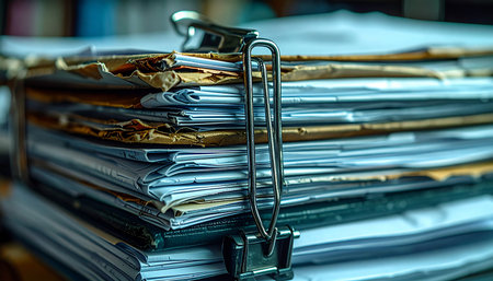 A close-up of a massive stack of documents, their edges yellowed and worn with time.の素材