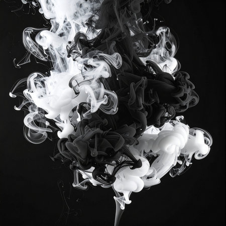A dramatic collision of black and white ink captured in a moment of chaotic fusion.の素材