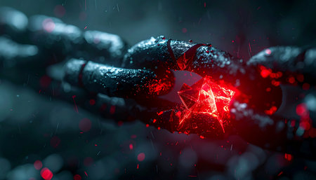 A heavy, dark industrial chain is pushed to its absolute limit. One link glows with intense, fiery red energy, cracking under immense pressure and about to shatter.の素材