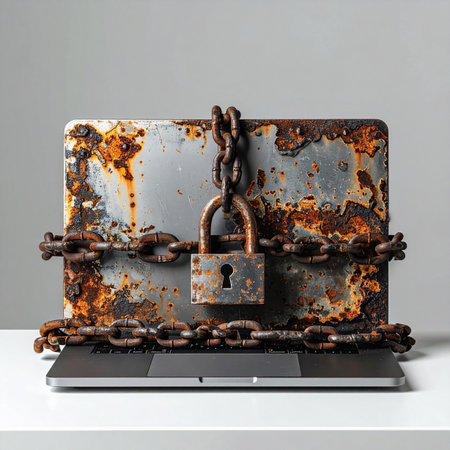 A stark visual metaphor for a digital crisis. A modern laptop is rendered useless, its screen obscured by a decaying, rusty plate, bound by heavy chains and a formidable padlock.の素材