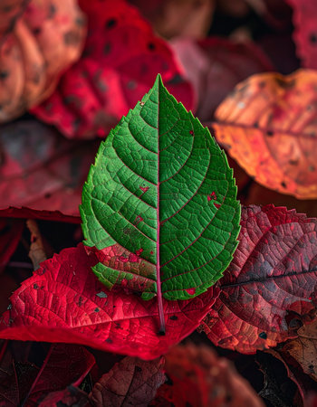 A single, vibrant green leaf rests defiantly on a bed of rich, red autumn foliage.の素材