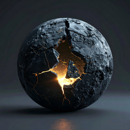A dark, rocky sphere cracks under immense internal pressure, revealing a brilliant and powerful molten core.の素材