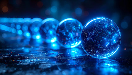 A luminous chain of interconnected spheres glows with vibrant blue light, symbolizing the seamless flow of data through a futuristic digital network.の素材
