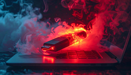 A dramatic scene unfolds as a USB flash drive, plugged into a laptop, glows red hot and emits thick smoke, symbolizing a catastrophic system failure, a severe data breach, or a powerful cyber attack.の素材