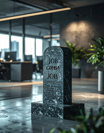 In the heart of a sleek, modern office stands a stark marble tombstone, a somber memorial to a lost job and a dead-end career.の素材