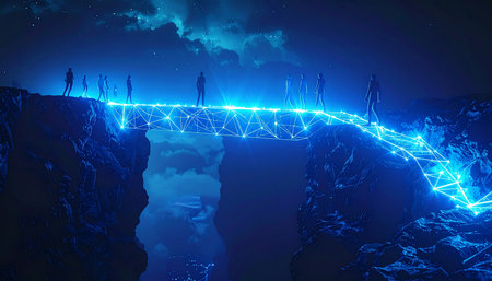 Silhouettes of a team stand on a glowing bridge of pure data, connecting two cliffs over a dark abyss.の素材