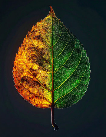 A single leaf captures the inevitable passage of time, perfectly split between the vibrant green of summer and the warm, decaying hues of autumn.の素材