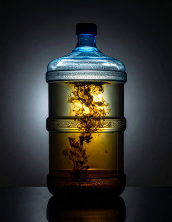 A dramatic, backlit view of a large water jug where a dark, mysterious substance swirls and blooms within the murky liquid.の素材