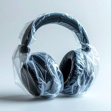 A pair of new black over-ear headphones, still sealed in their protective plastic wrapping. This image captures the anticipation of unboxing a new gadget, ready to deliver a pristine audio experience.の素材