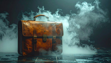 A weathered leather briefcase, holding untold secrets, sits on a wet floor.の素材