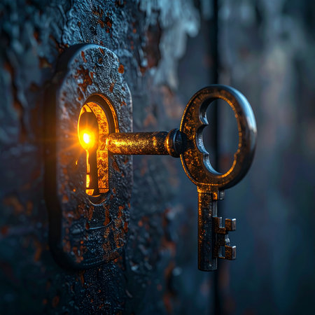 An old, ornate key turns in a rustic lock, revealing a warm, magical glow from within.の素材