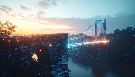 A stunning long-exposure shot of a suspension bridge at the exact moment of transition between sunset and night.の素材
